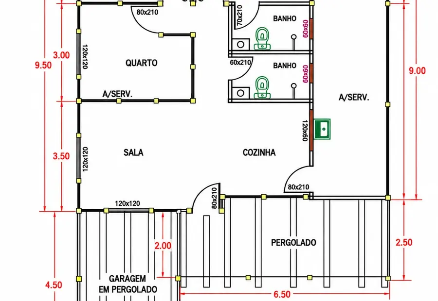 Planta: Casa 117,55m² com 1 suíte e 2 quartos, garagem e pergolado
