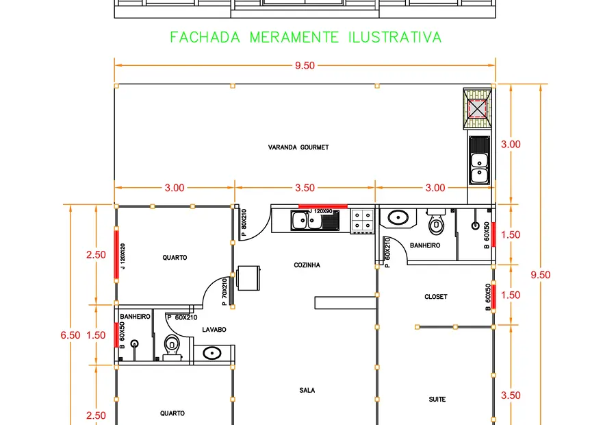 Planta: Casa 97,65m² com suíte, closet, 2 quartos e área gourmet