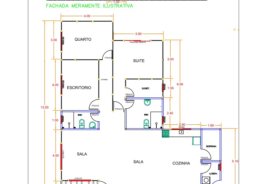 Planta: Casa 125,10m² com 3 dormitórios, suíte e closet