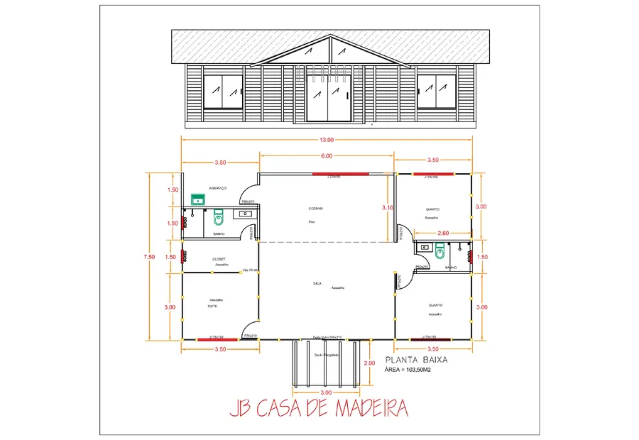 Planta: Casa 103,50m² com 1 suíte, 2 quartos, closet e deck com pergolado