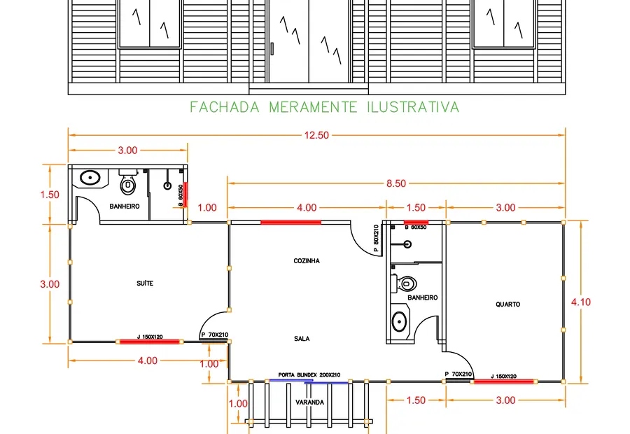 Planta: Casa 54,35m² com 1 suíte, 1 quarto e pergolado