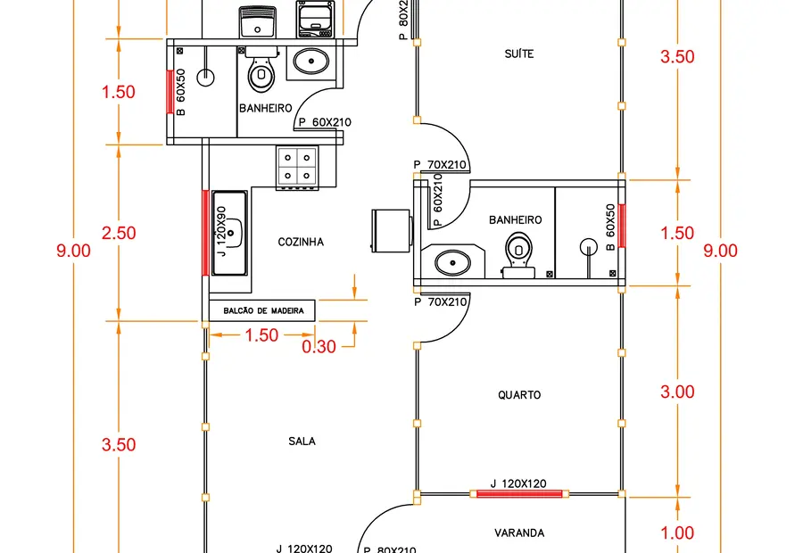 Planta: Casa 54,75m² com 1 suíte, 1 quarto e varanda