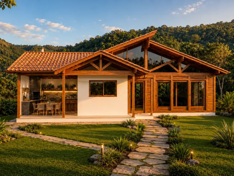 Fachada: Casa Térrea 159,00m² com 3 Suítes, Área Gourmet e Varanda