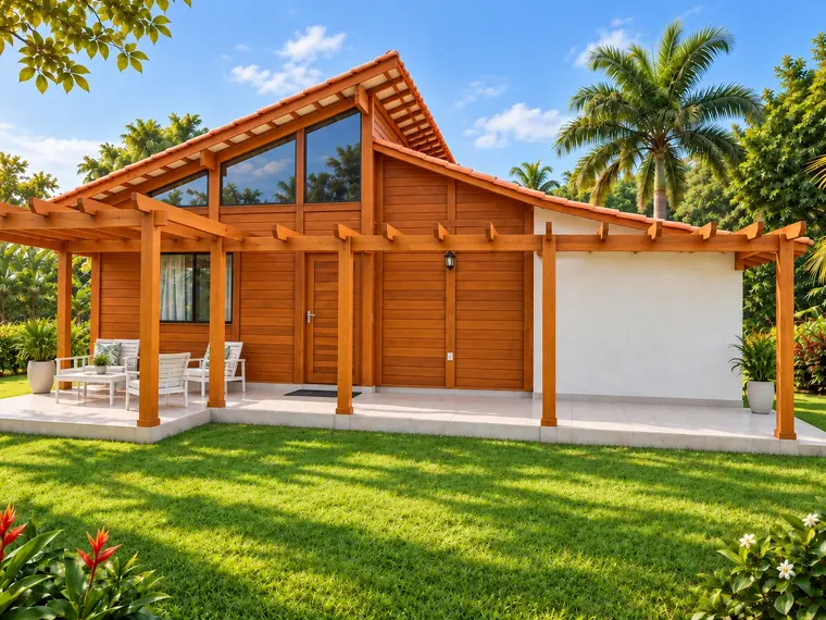 Fachada: Casa 117,55m² com 1 suíte e 2 quartos, garagem e pergolado